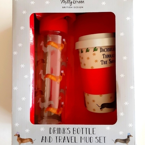 Milly Green Dachshund Dog Christmas Drinks Bottle And Travel Mug Set New - Picture 1 of 3